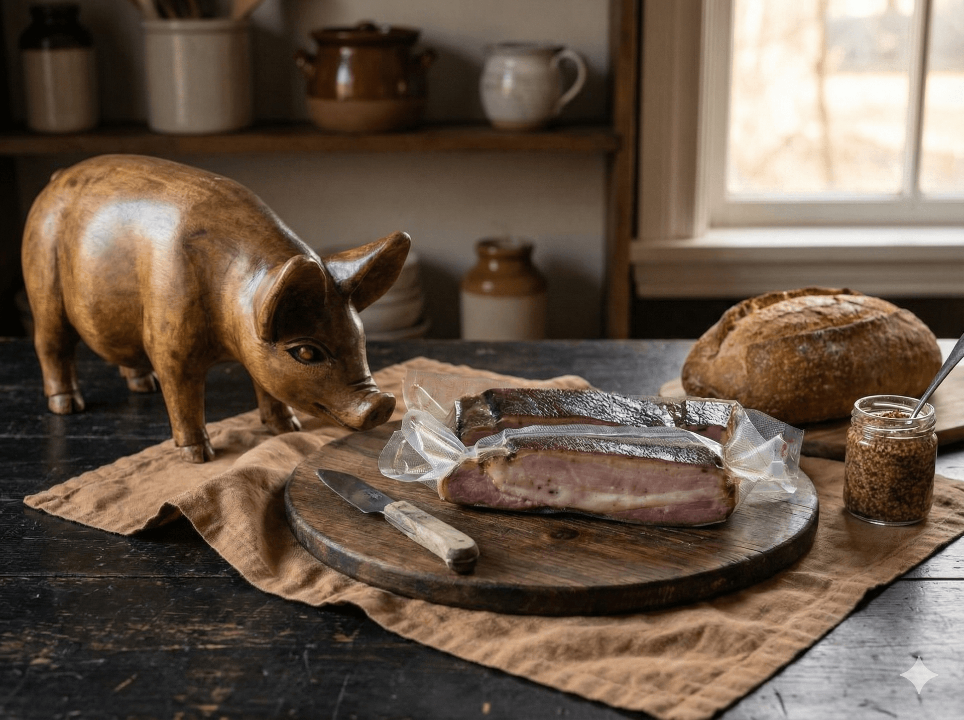 Porca-Ria: mesa rústica com bacon, pão e mostarda
